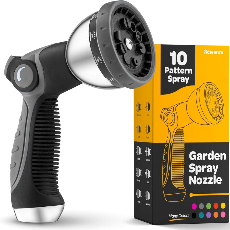 SEWANTA Hose Nozzle [Silver] Heavy Duty Hose Sprayer With 10 Adjustable Watering Patterns. Thumb Control Design, Comfortable Ergonomic Grip, Garden Hose Nozzle for Watering Plants & Lawns/Fun showers/Cleaning - Image 1